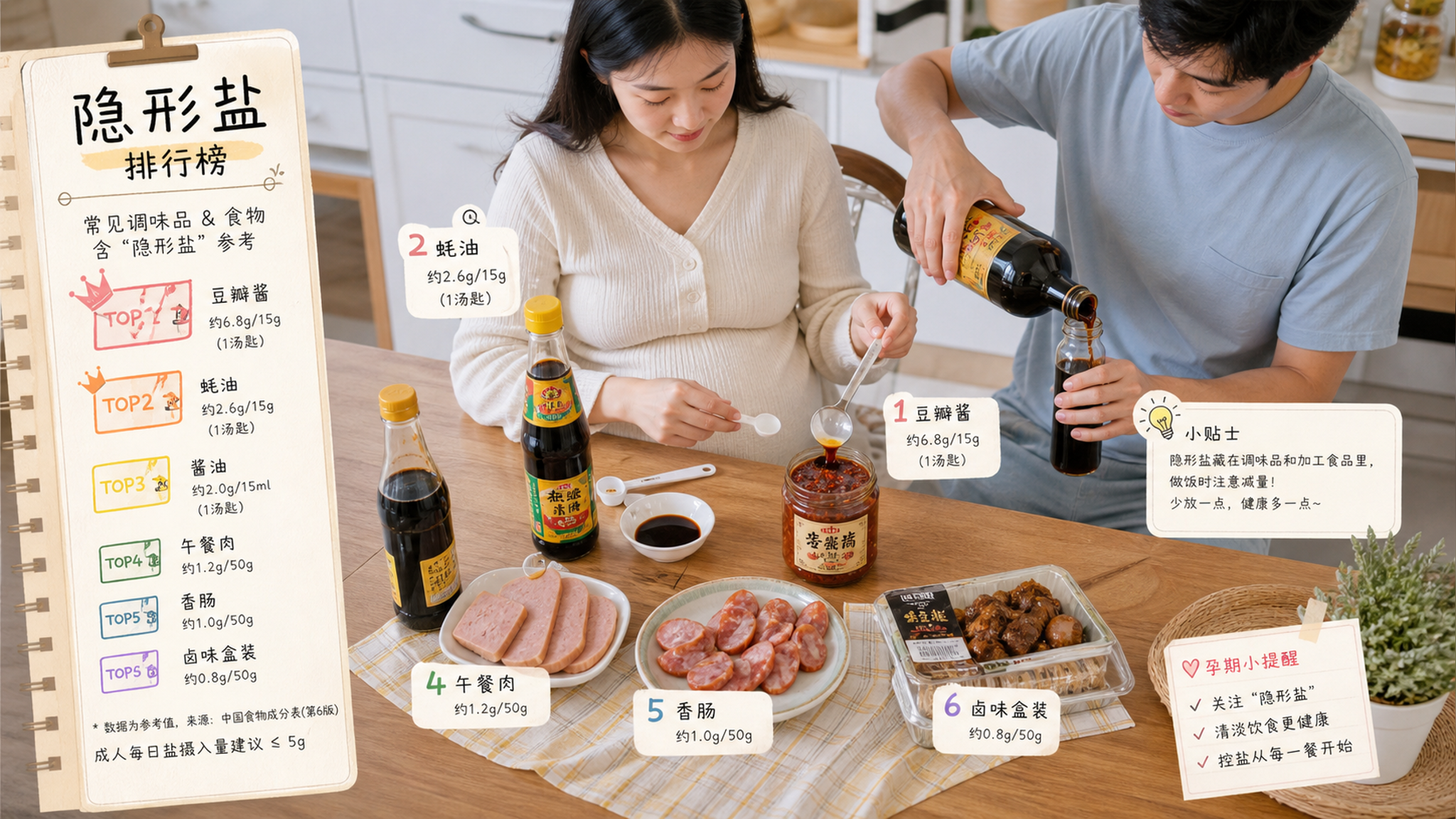 中国家庭厨房场景，一张木质餐桌上摆放常见调味品与食物：酱油、蚝油、豆瓣酱、香肠午餐肉、卤味盒装食品，