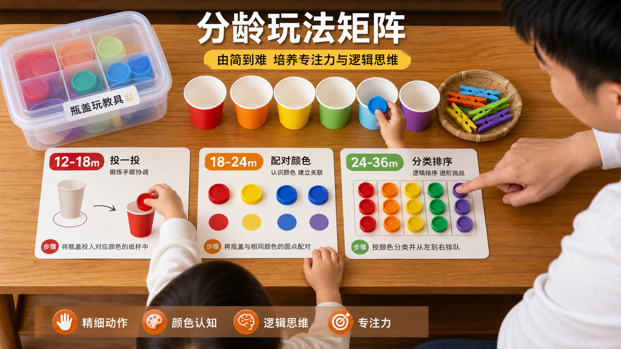 别再乱买教具了：瓶盖纸杯就够练1-3岁