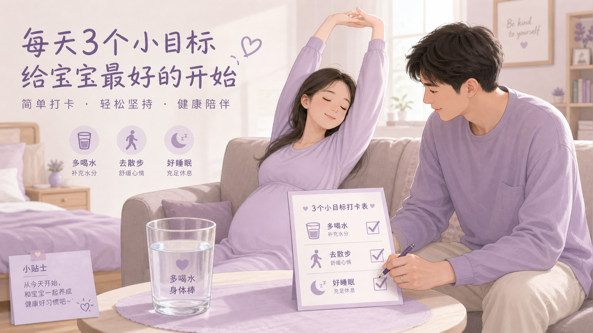 淡紫色安抚风插画风格，场景为温馨卧室与客厅一角的组合画面，中国年轻孕妇穿宽松家居服坐在沙发上做轻缓伸