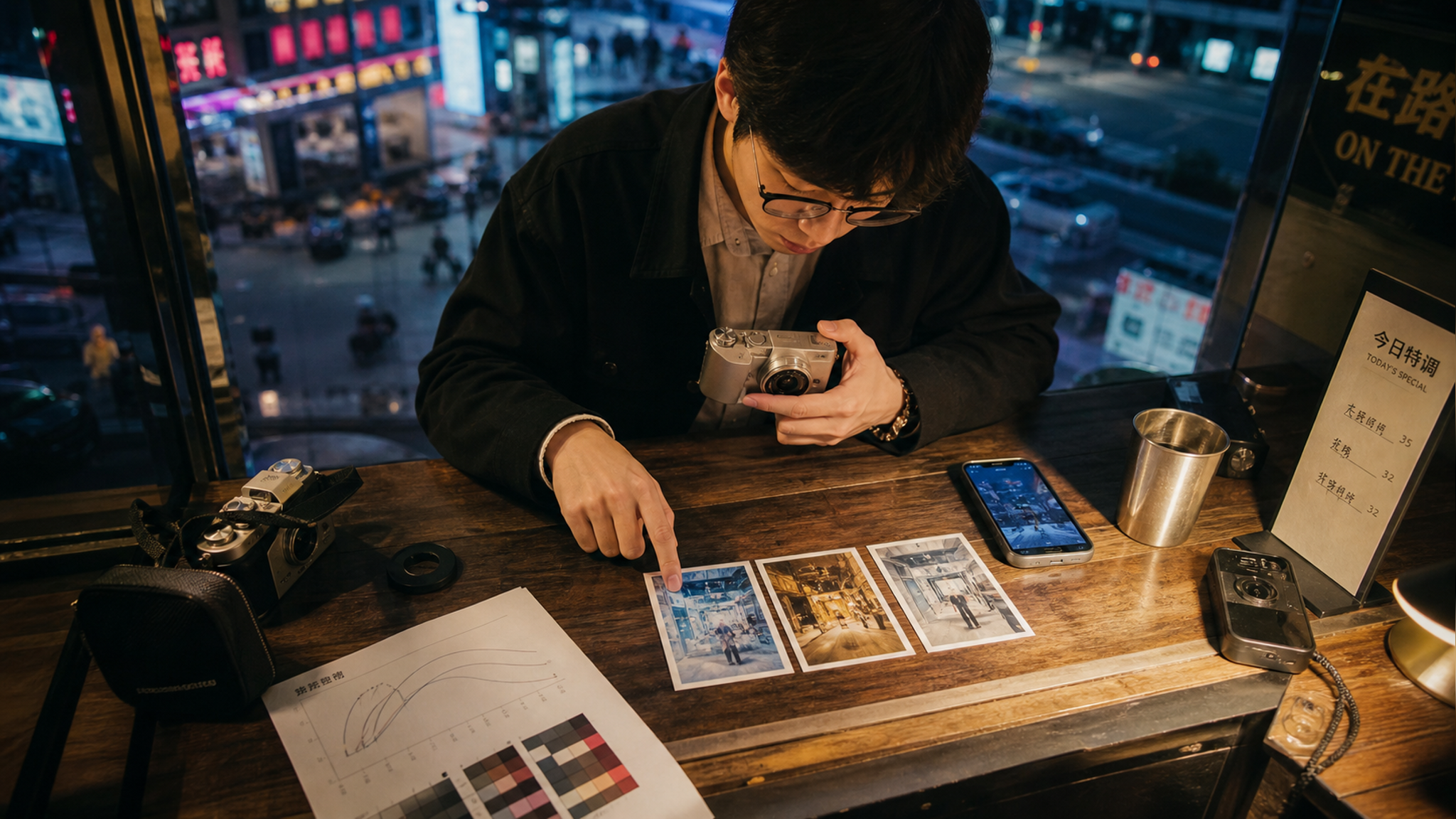场景为城市傍晚街头的复古潮流拍摄桌面展示，中国年轻摄影爱好者坐在咖啡店靠窗位置，正在用一台小型口袋相
