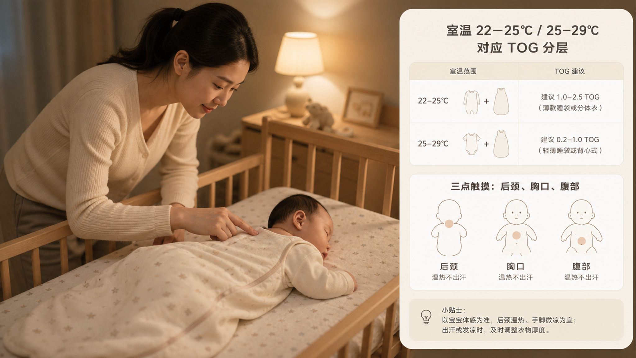 中国年轻妈妈在夜晚柔和灯光的婴儿房里，俯身用手指轻触中国新生儿的后颈进行体温触感检查，宝宝躺在婴儿床