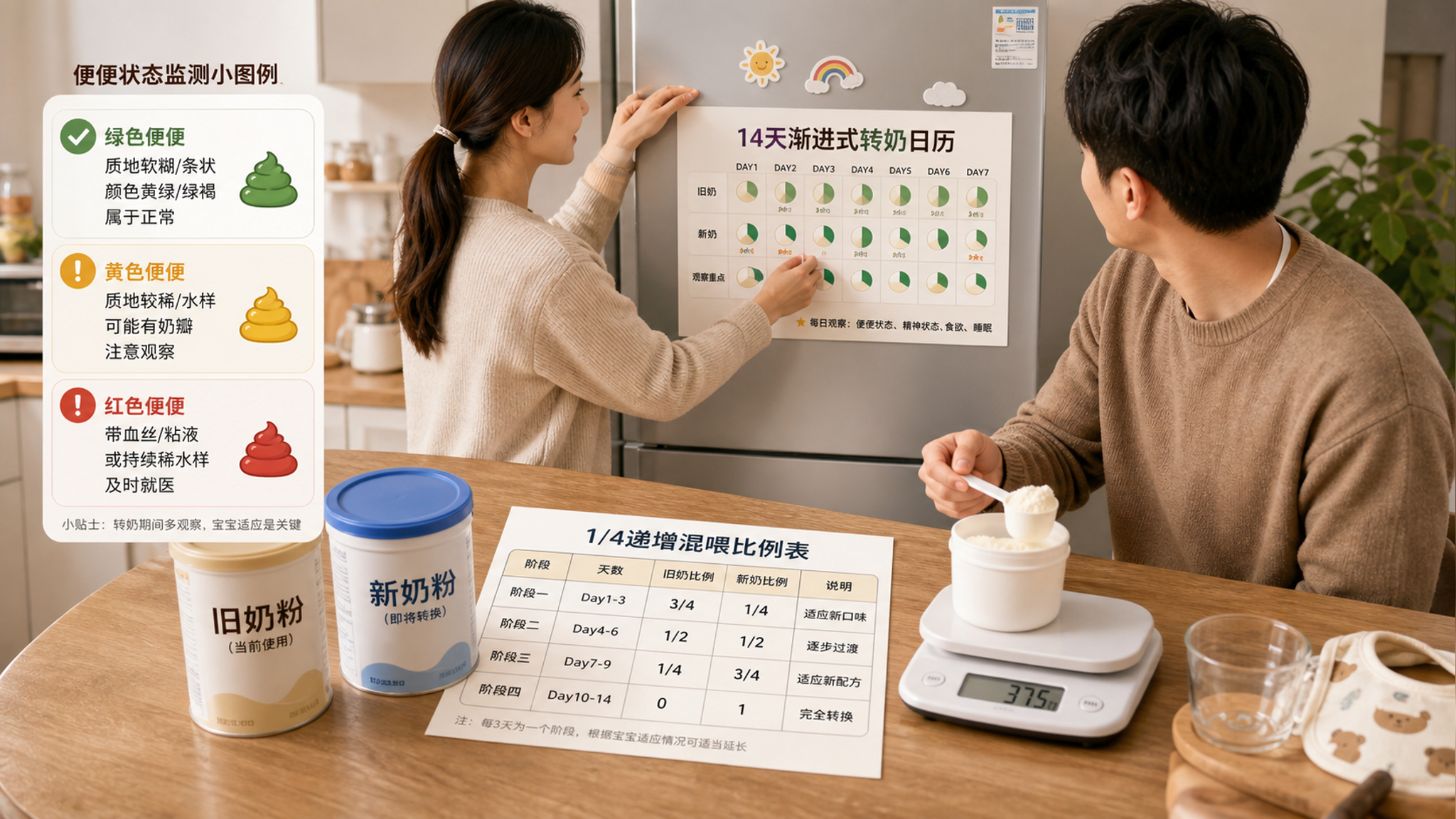 转奶别硬切：14天1/4混喂表+便便红线
