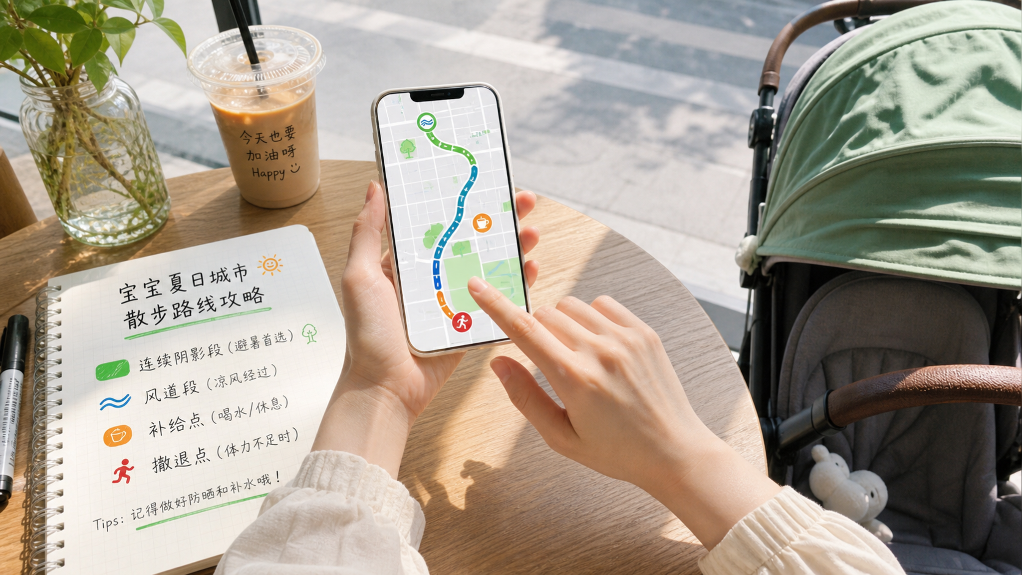 带8-12个月宝宝推车出门：先选阴影路和风道段