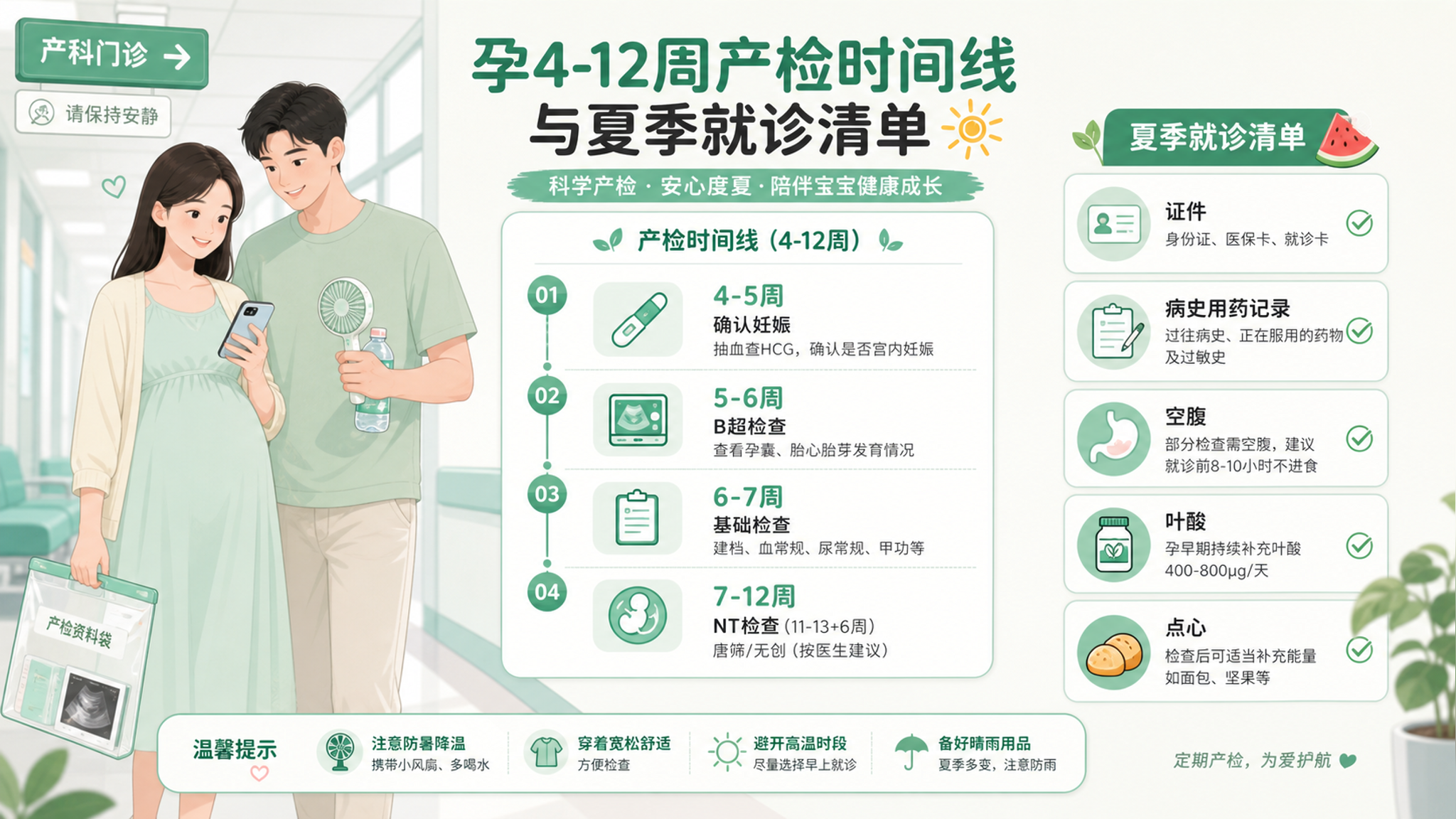 第一次产检别跑空：孕4-12周检查时间线与夏季就诊攻略