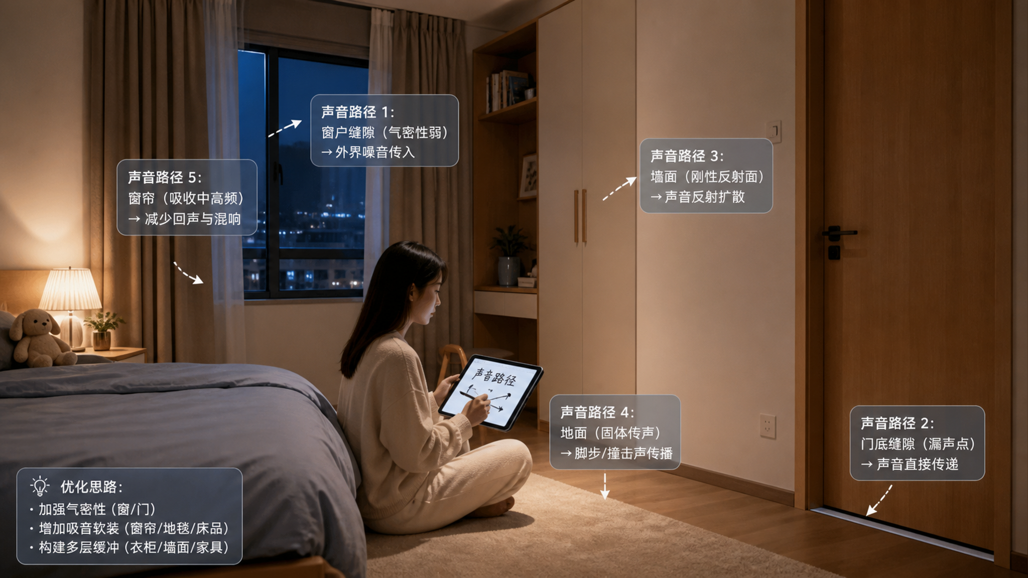 现代中国城市小卧室场景，一位中国年轻女性穿家居服在卧室里用平板/纸笔标注“声音路径”，指向窗户缝、门
