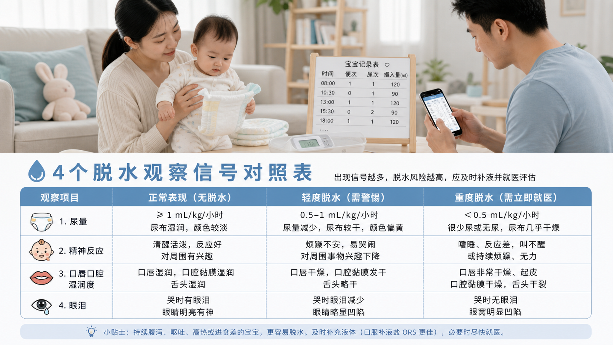 婴儿腹泻别只数便次：4个信号判断脱水风险