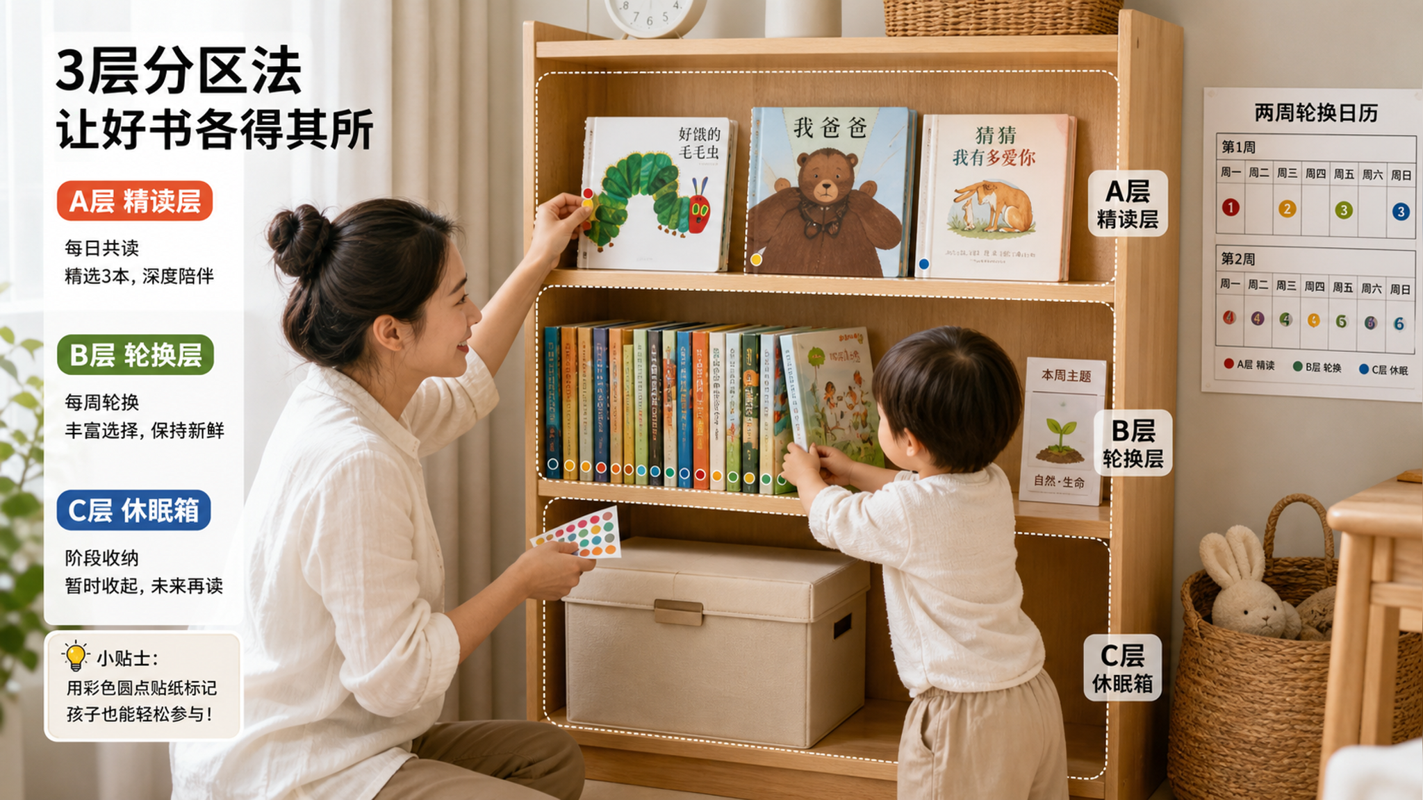 书别再堆满一屋：三层书架+两周轮换，孩子反而更爱读