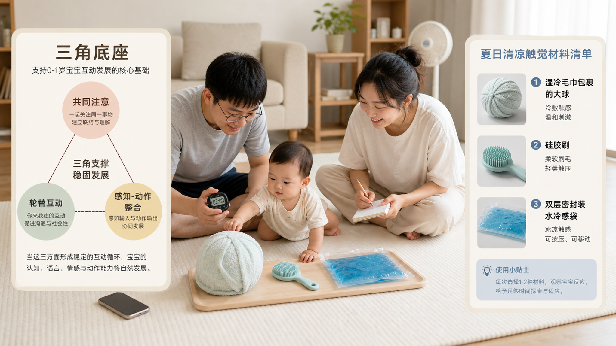 中国年轻父母在夏季明亮客厅地垫上陪中国0-1岁婴儿进行亲子互动游戏，画面包含“三角底座”信息图元素（