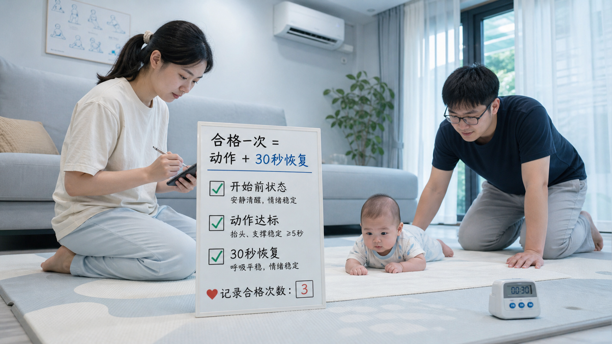 中国年轻父母在夏季家庭客厅里进行婴儿大运动观察记录的场景，室内有空调与通风窗帘，地面铺有柔软地垫；中