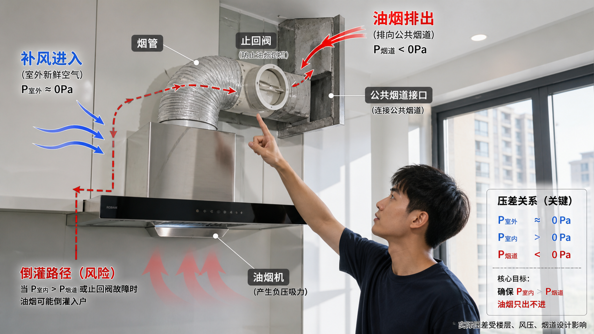 油烟机越强越返味？高层厨房的负压陷阱与补风解法