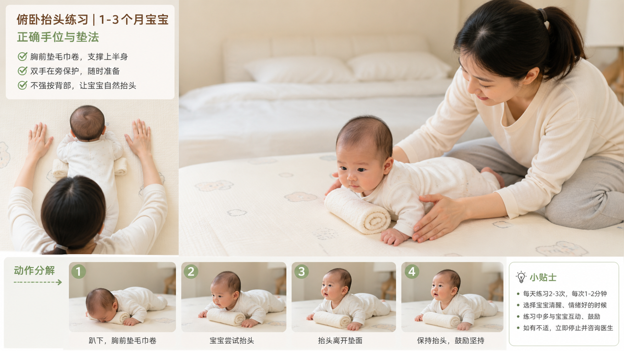 1-3月龄练抬头别拼秒数：每天几次更安全、姿势这样摆