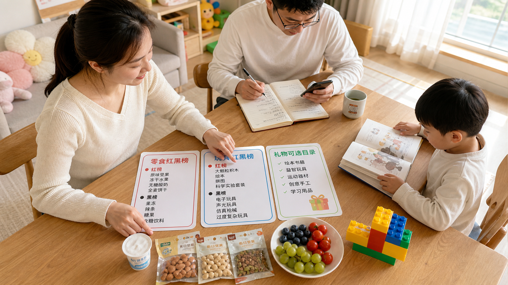 中国年轻妈妈在家中餐桌旁整理“零食红黑榜、玩具红黑榜、礼物可选目录”三张卡片清单，旁边有中国爸爸在用