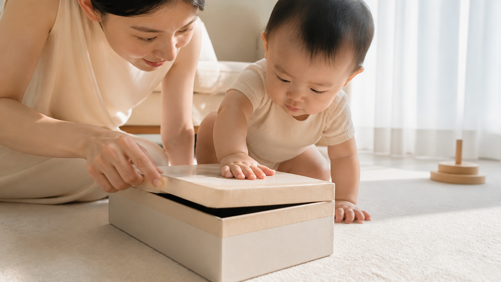 中国年轻妈妈与中国0-1岁婴儿在明亮整洁的客厅地毯上互动游戏，核心主体为一个硬挺鞋盒盖，盒盖边缘用宽