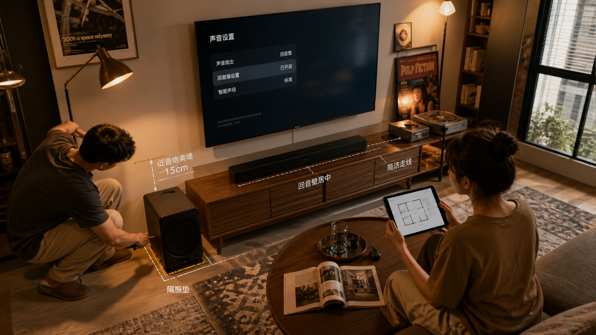 小客厅影院感不扰邻：低音炮摆位+挂架走线一次搞定