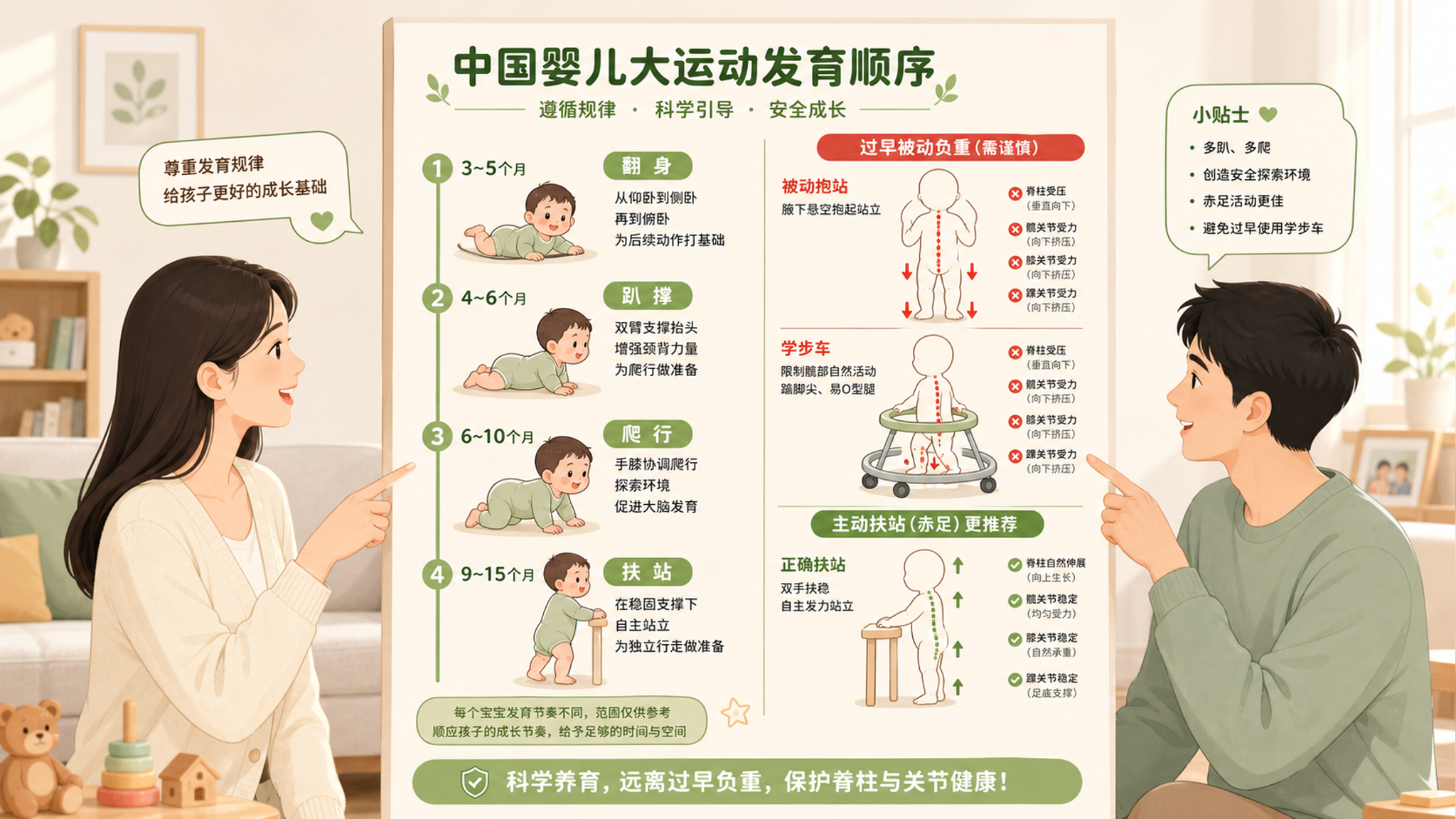 信息图风格插画，场景为明亮简洁的家庭客厅背景，主体为一张纵向时间轴海报：展示中国婴儿从翻身、趴撑、爬