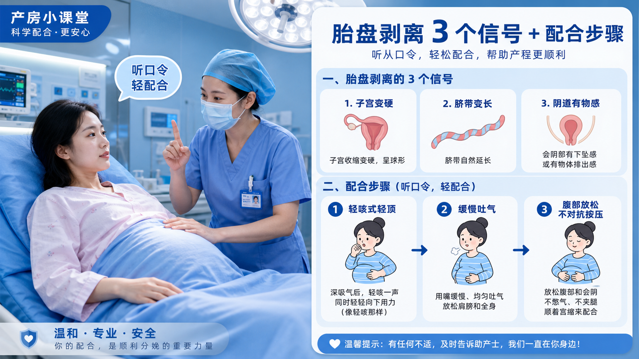 医院产房场景，稳重科技蓝色氛围；一位中国年轻产妇半躺在产床上，表情清醒但疲惫，旁边中国助产士戴帽子口