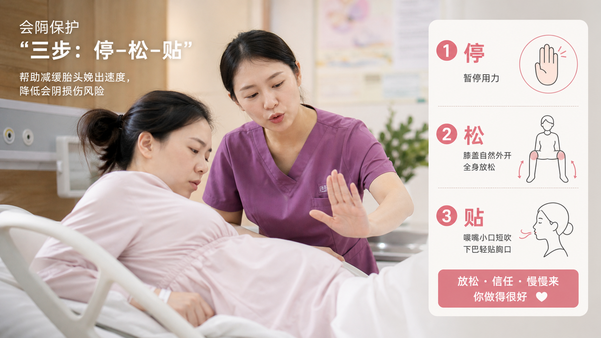 医院产房场景，中国孕产妇在产床上侧卧位/半卧位，旁边中国助产士用手做会阴保护姿势并用口令引导，画面重