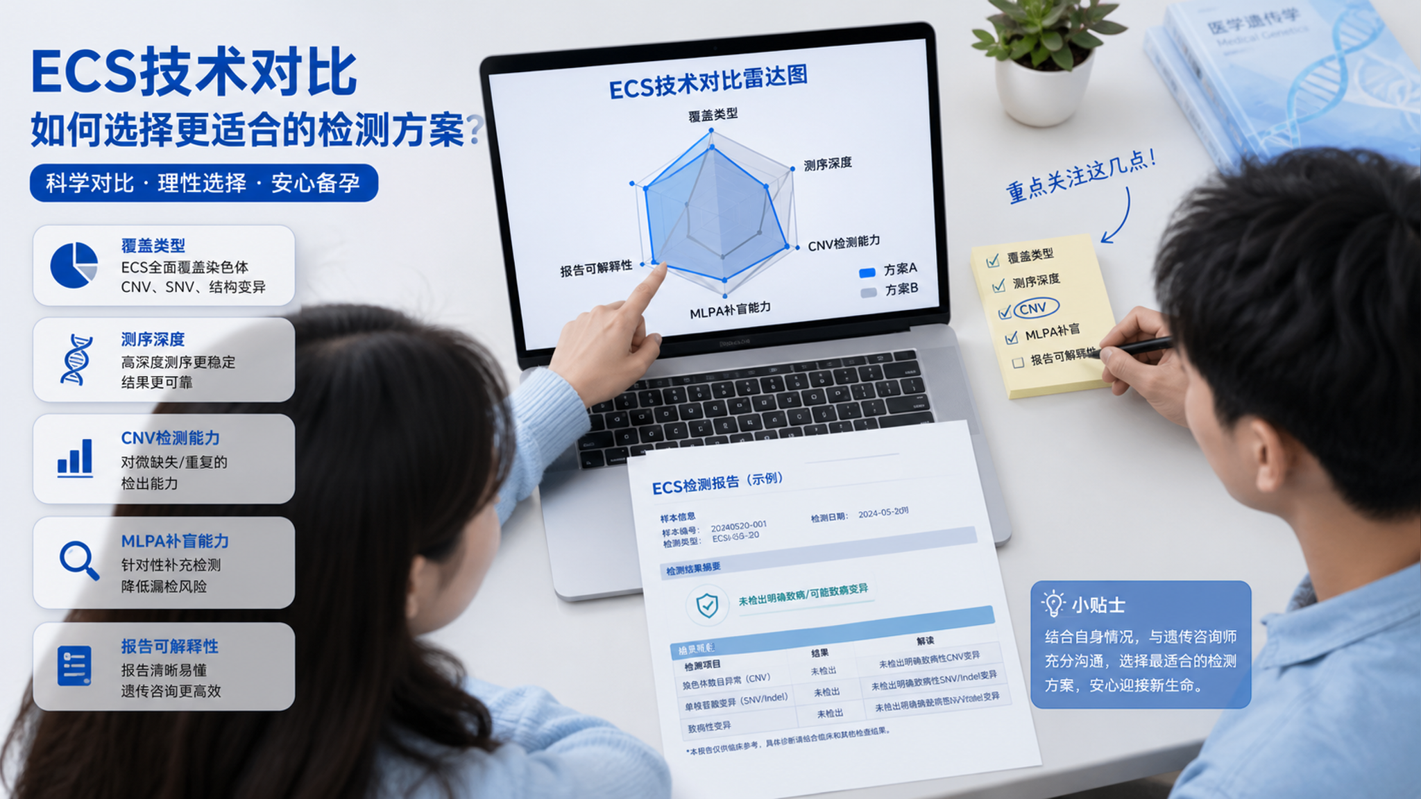 科技蓝风格的信息图海报场景,一张桌面上放着笔记本电脑与检测报告,屏幕展示“ECS技术对比雷达图”,旁