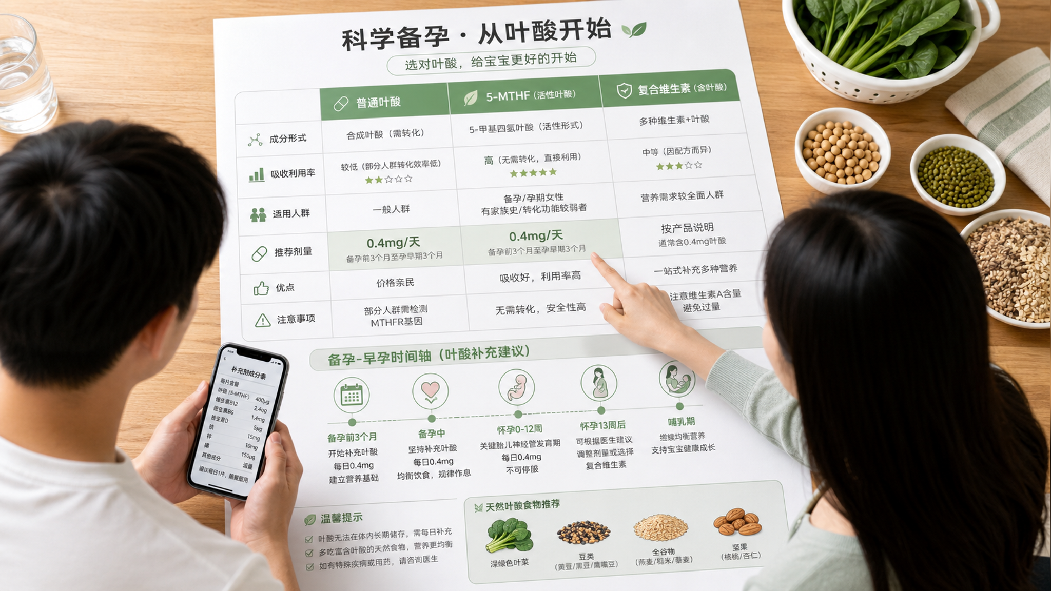 极简医学科普长图风格的画面，中国年轻备孕夫妻在餐桌旁一起查看一张“叶酸选择对比表”和“备孕-早孕时间