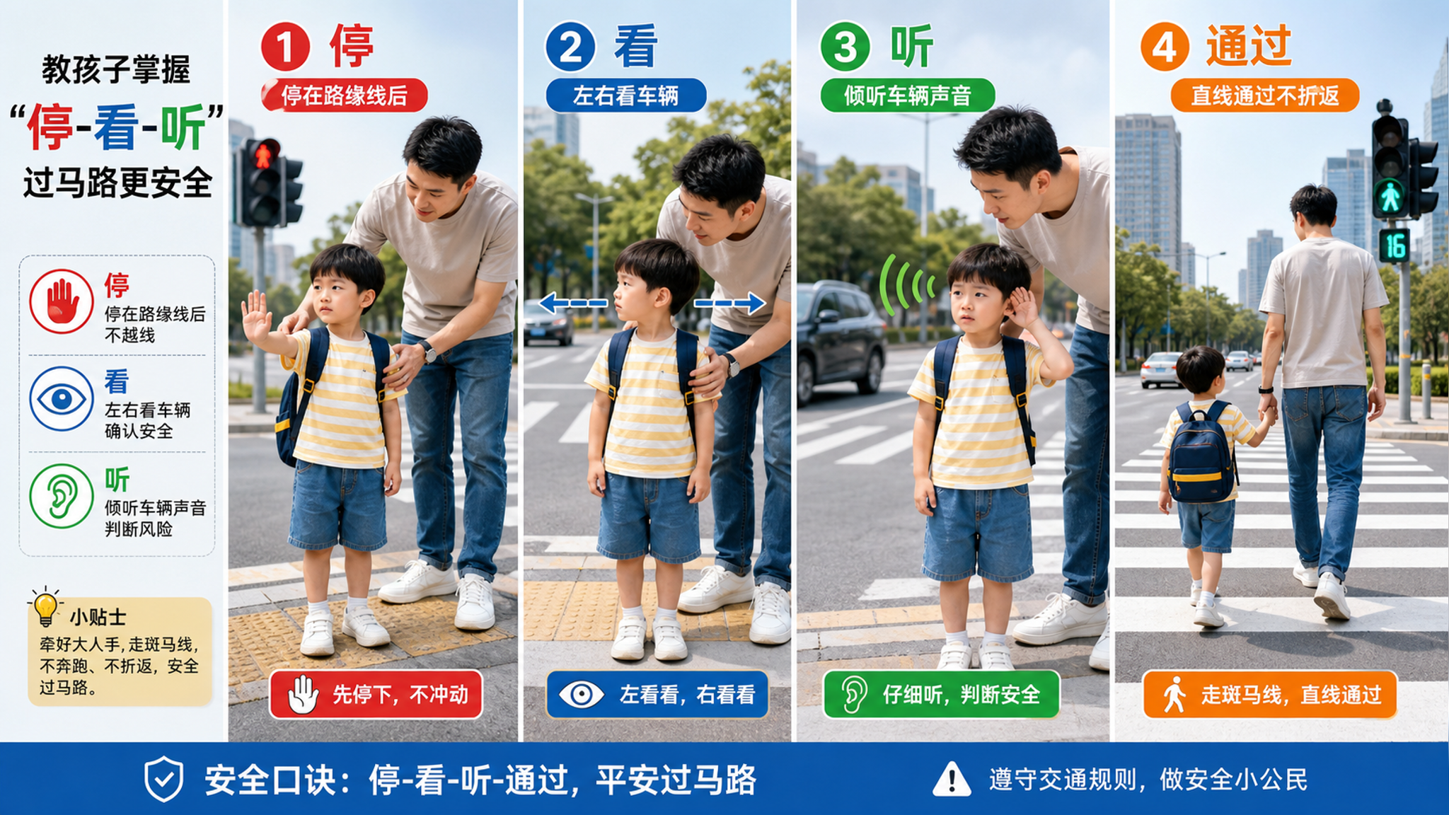 别只会牵手：3-6岁过马路要练“停看听”