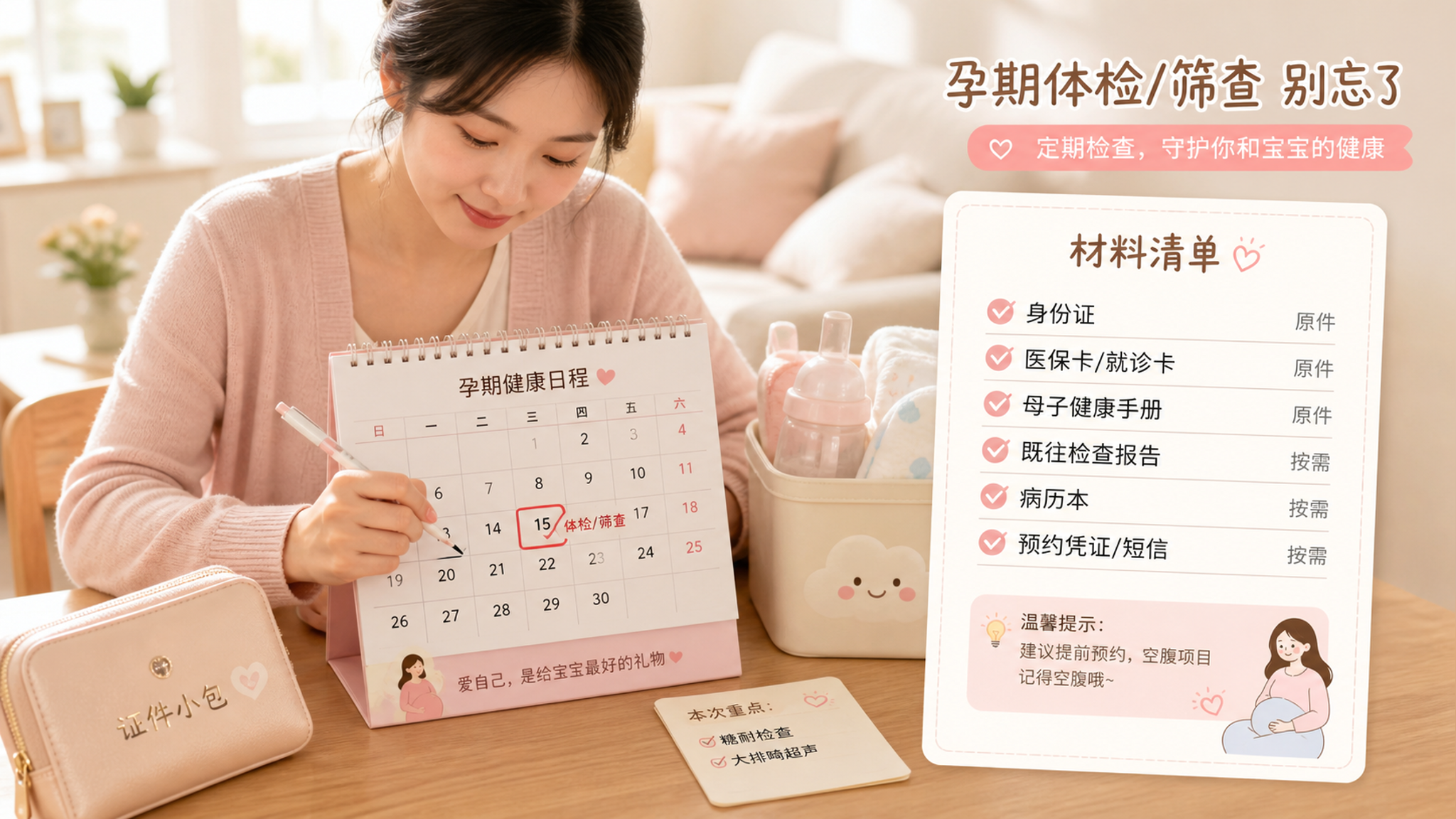 温柔治愈系插画风格的画面,一位中国年轻妈妈坐在家中餐桌前,桌上放着日历本与清单卡片,妈妈用笔在日历上