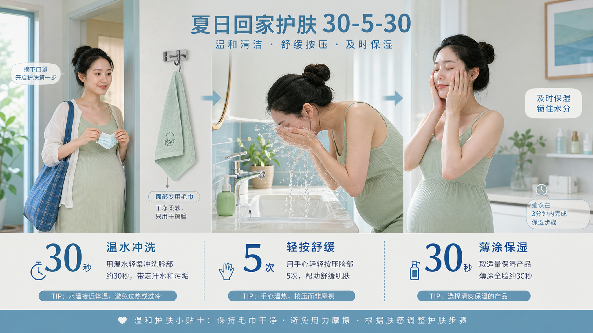孕期回家先别猛洗脸：30-5-30把汗盐刺激压下去
