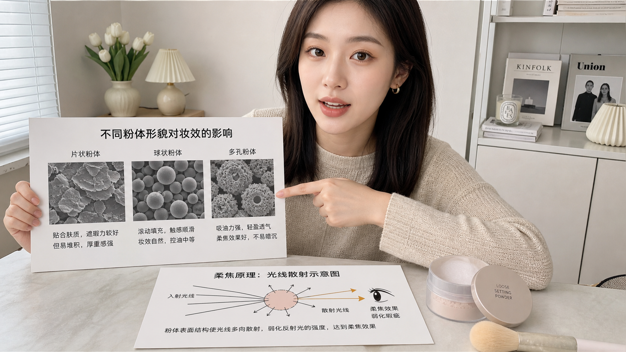 中国女性美妆科普博主在明亮干净的桌面前讲解定妆粉原理,桌上摆放三种粉体的“显微镜形貌对比”卡片(片状