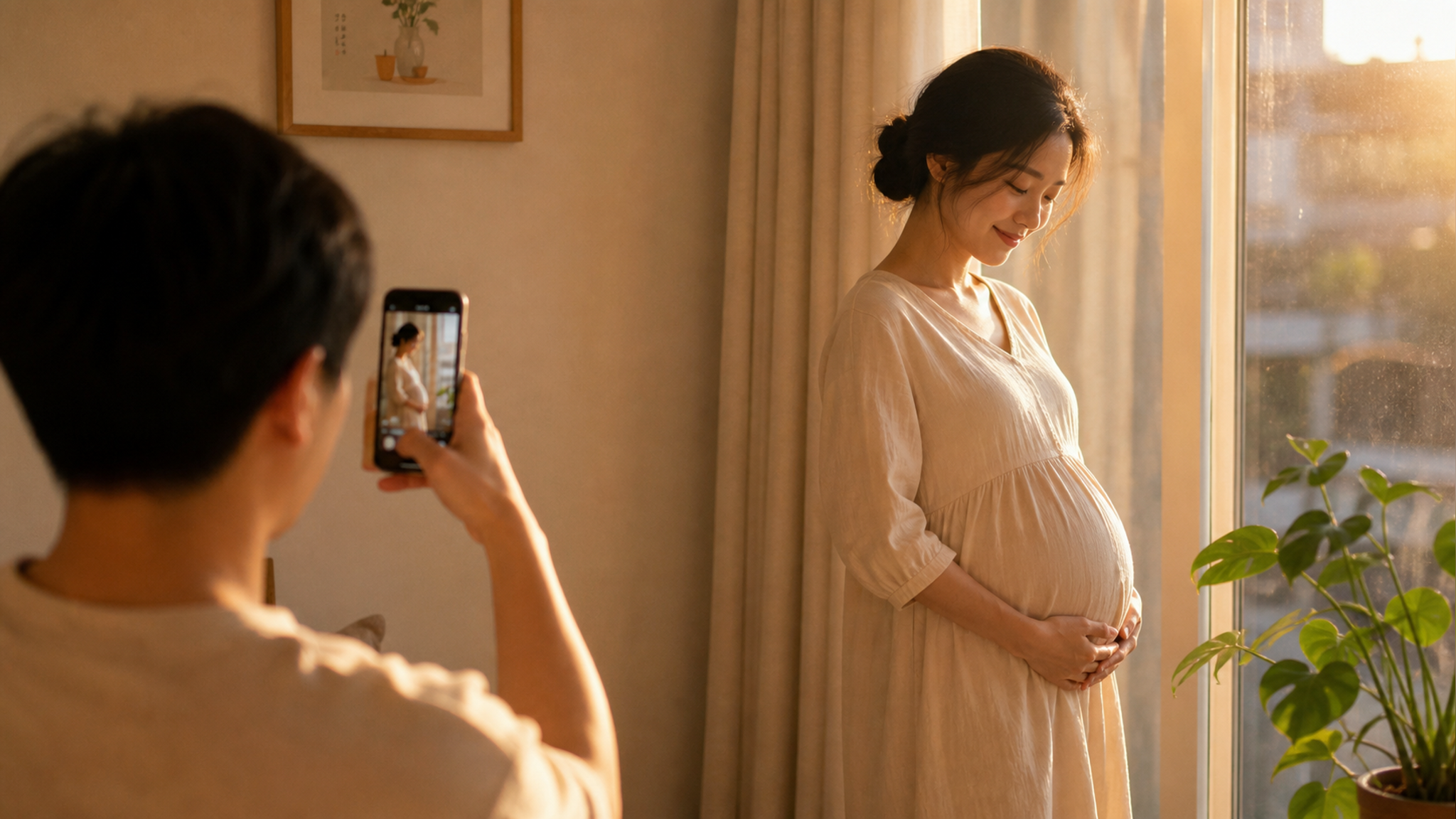 孕中期孕肚照这样拍：傍晚40分钟+3机位5动作