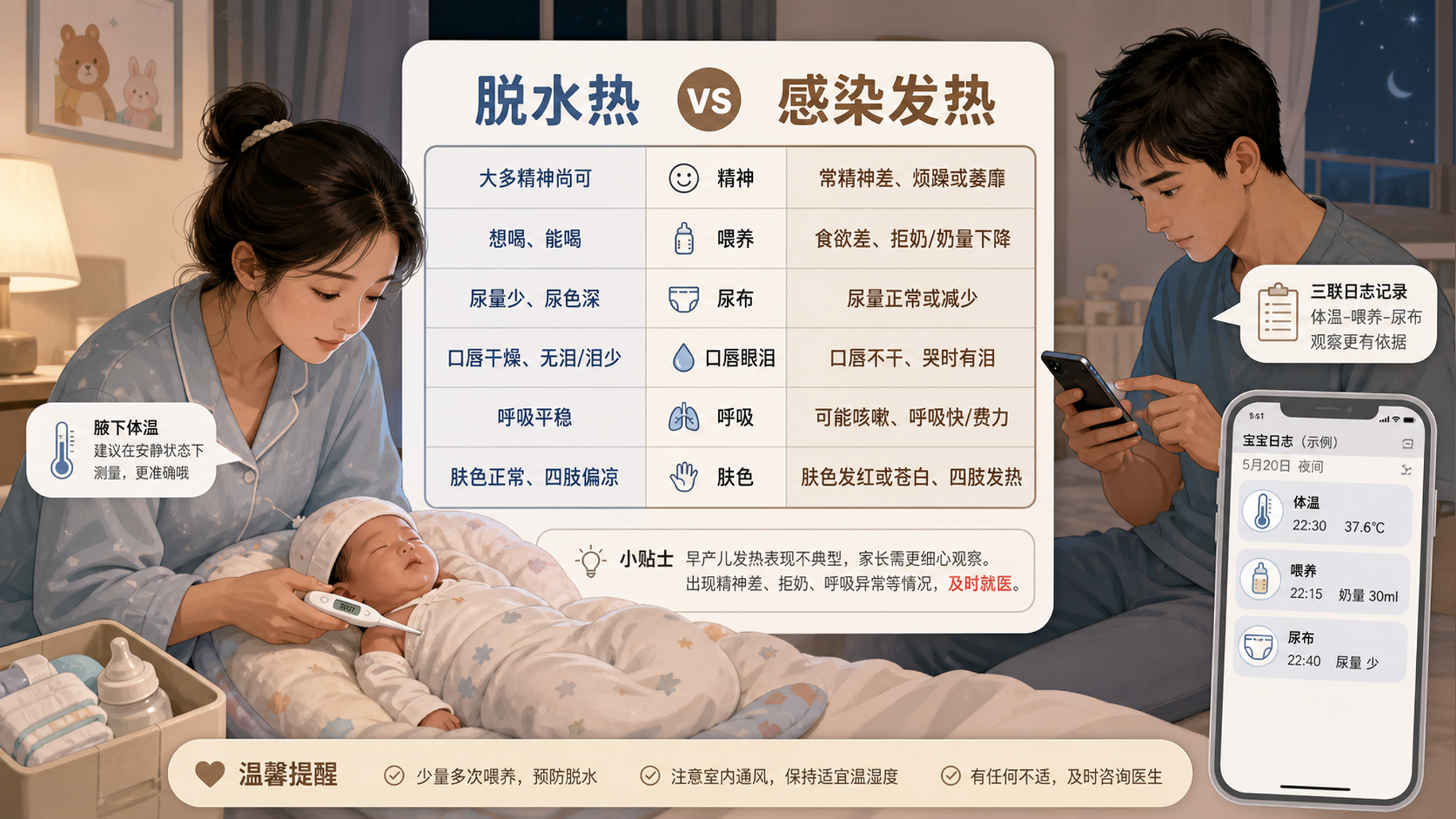 早产儿空调房发烫尿少：脱水热还是感染看这张表