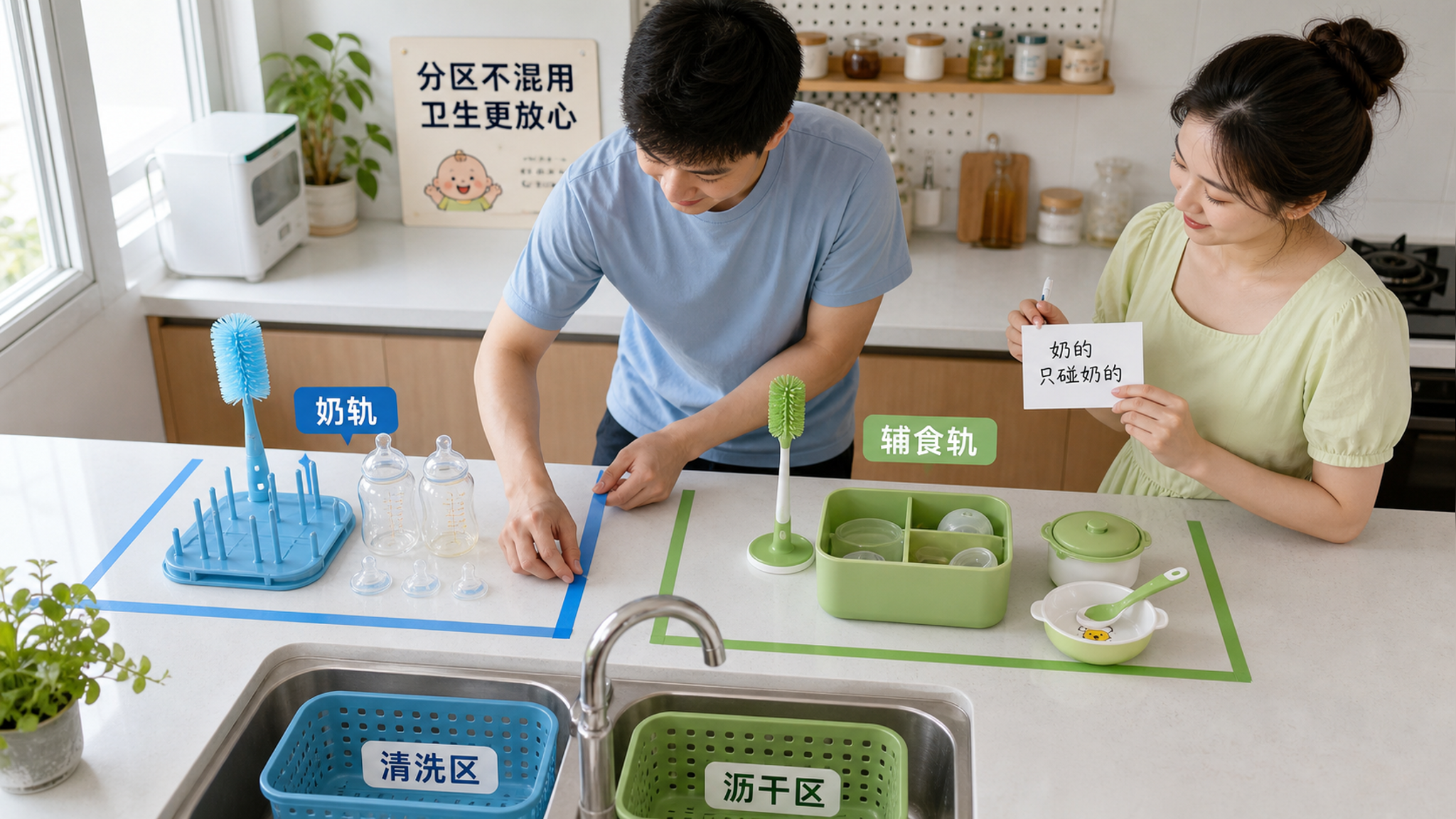 中国家庭厨房场景，俯拍构图，明亮整洁的台面被胶带分成左右两区，左区标注“奶轨”放蓝色奶瓶刷、蓝色沥水