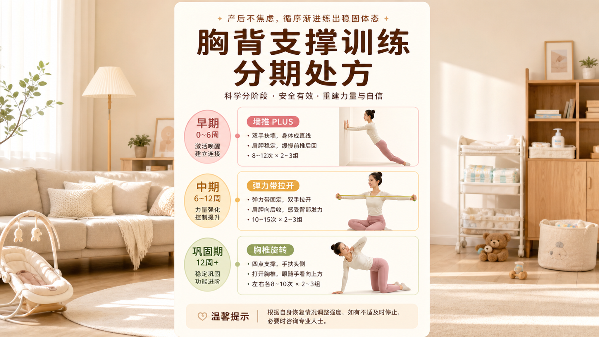 温暖治愈系插画风，中国年轻妈妈在家中客厅地垫上做居家训练分期时间轴画面，人物为中国产后妈妈，穿舒适家