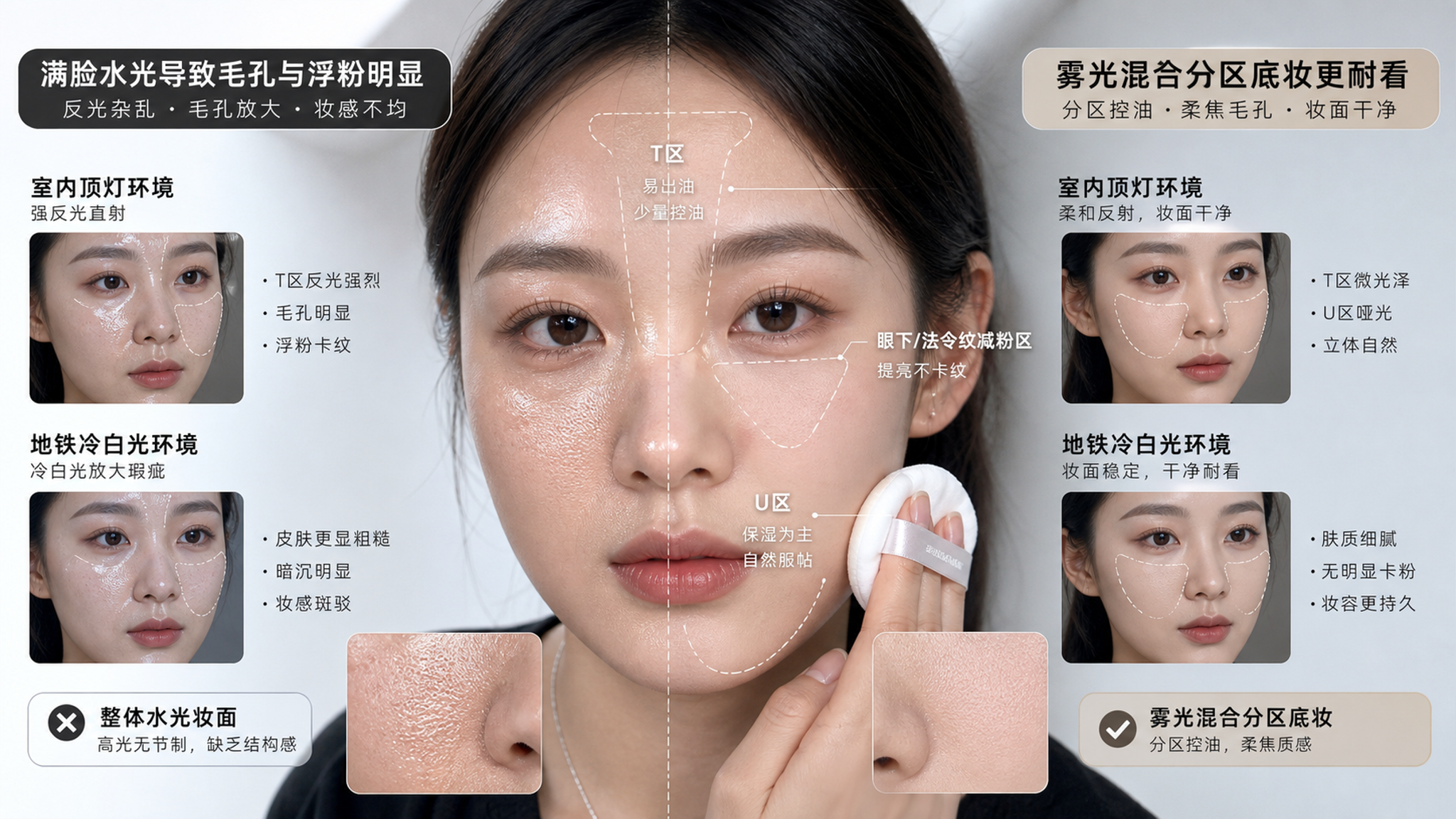 中国女性模特半脸对比妆面示意图，画面左侧为“满脸水光导致毛孔与浮粉明显”的效果，右侧为“雾光混合分区