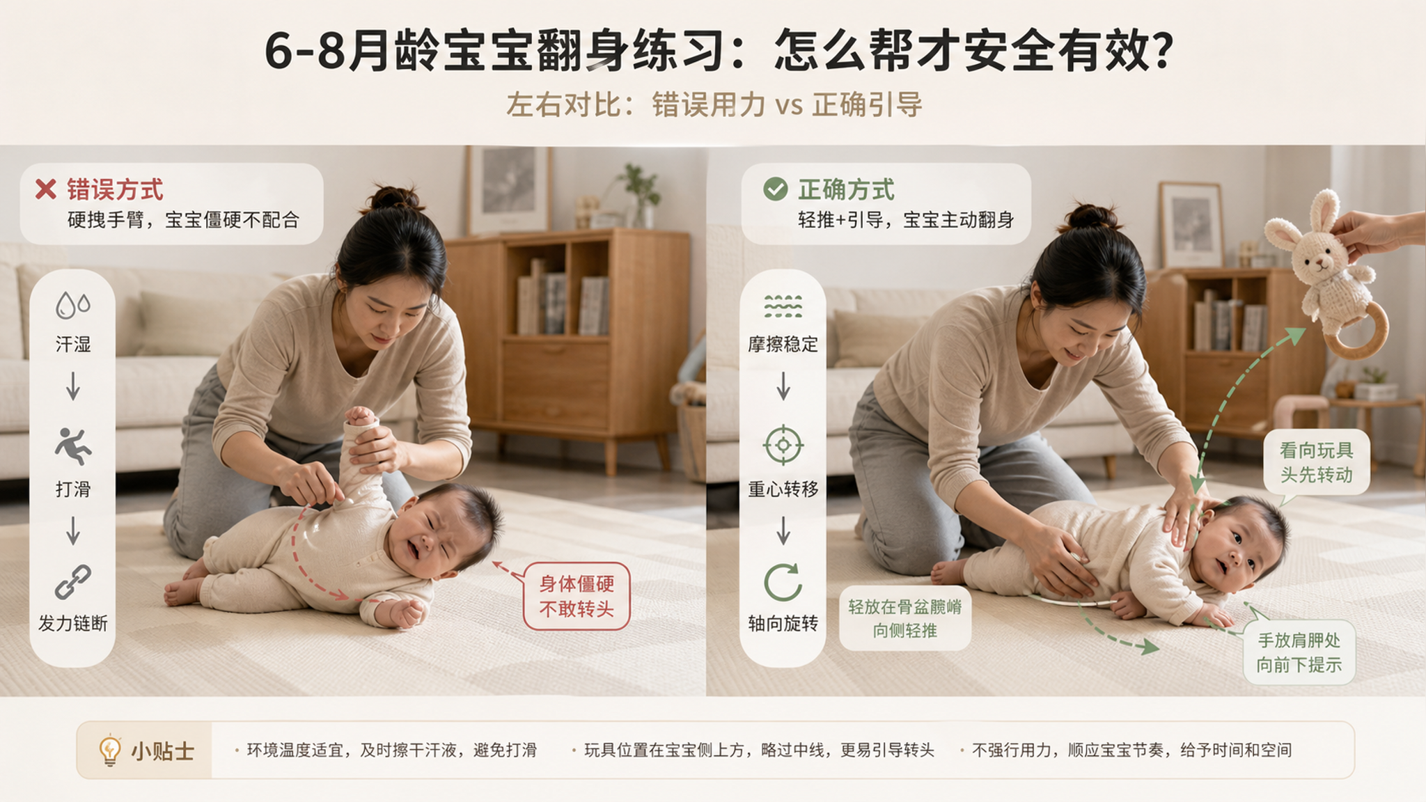 中国家庭客厅地垫场景，一位中国年轻妈妈跪坐在爬行垫旁，帮助一位6-8月龄中国婴儿练习翻身，画面做左右