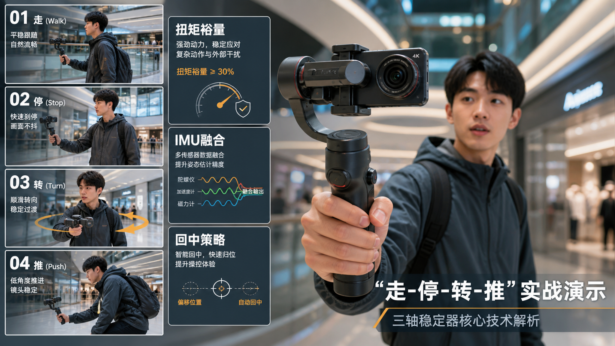 中国年轻男性Vlogger在城市商场走廊里手持微型三轴稳定器拍摄,镜头前景为云台与手机/小相机特写,