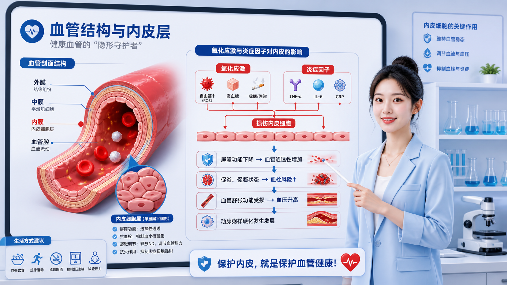 现代科普插画风场景,中国年轻女性健康科普博主站在简洁的演示屏旁,手势讲解血管结构与内皮层,屏幕上展示