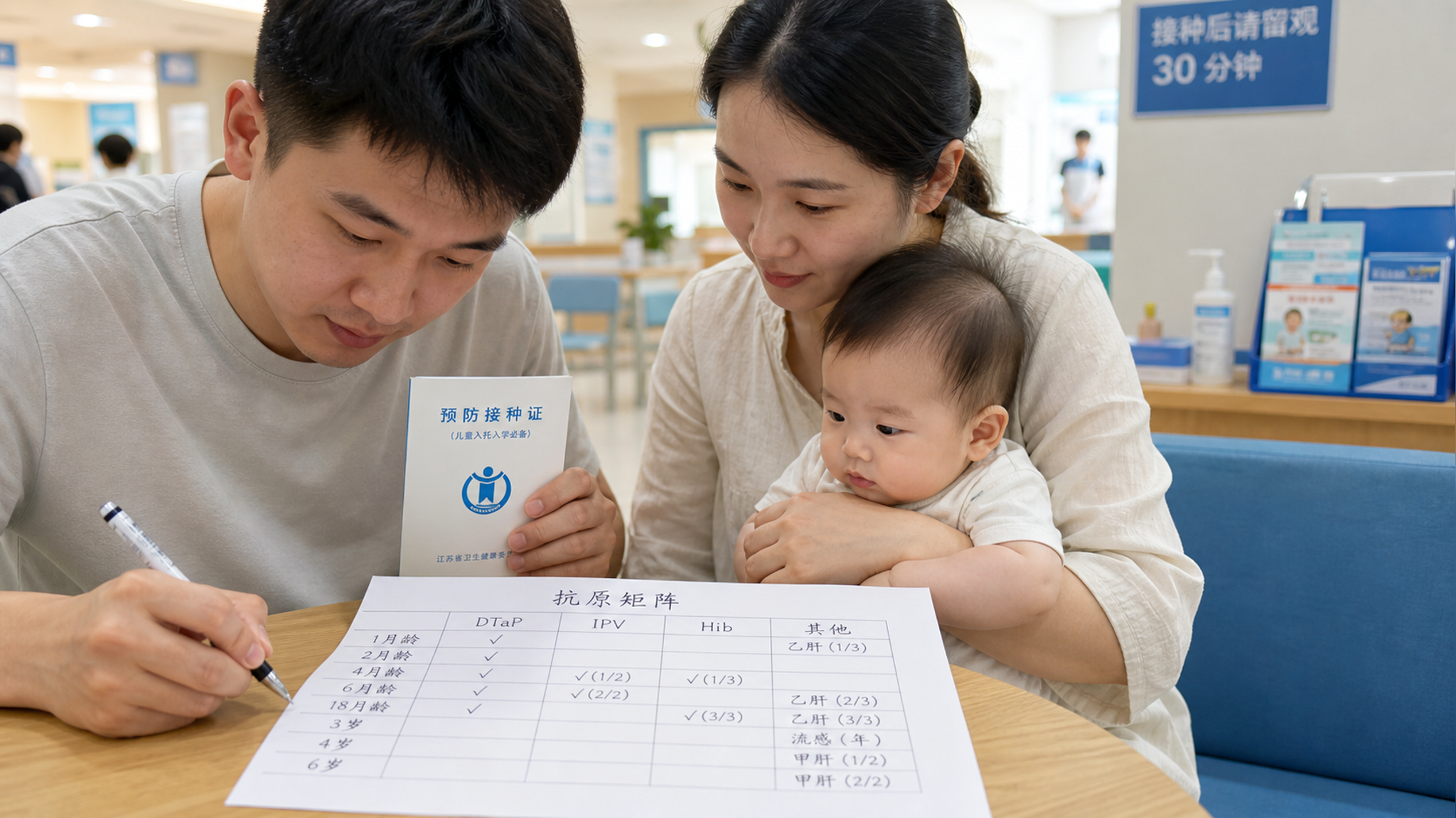 中国年轻父母在社区接种门诊候诊区，桌面放着宝宝接种证和一张手写“抗原矩阵”表格（四列清晰标注DTaP