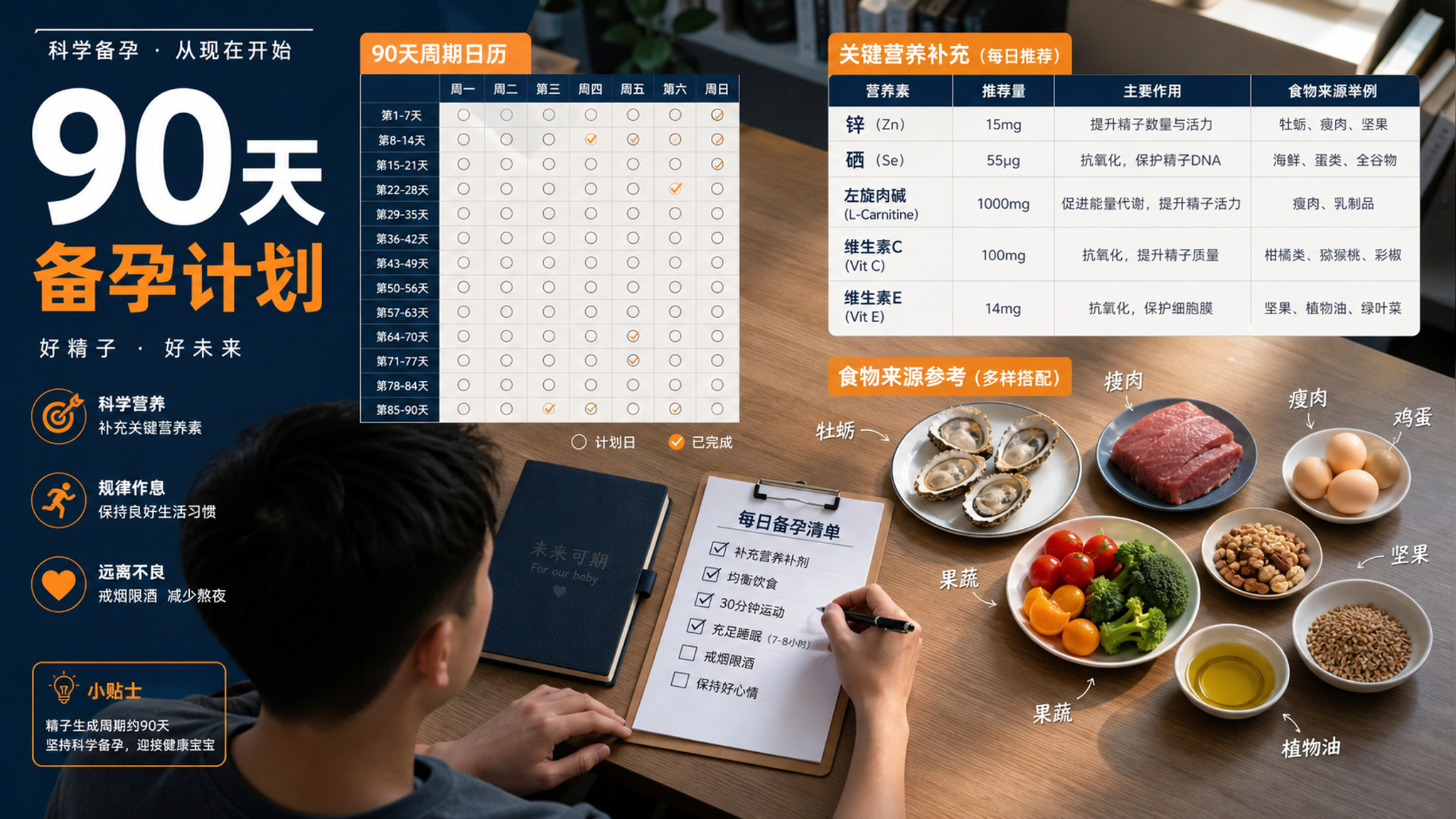 男性备孕补剂别乱吃：锌硒左旋肉碱维C/E的安全边界与90天方案