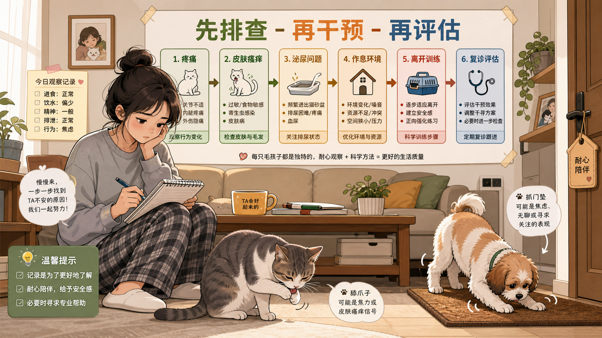 中国年轻女性宠物主人在家中客厅,手里拿着笔记本记录,旁边一只猫和一只小型犬,墙上贴着“先排查-再干预