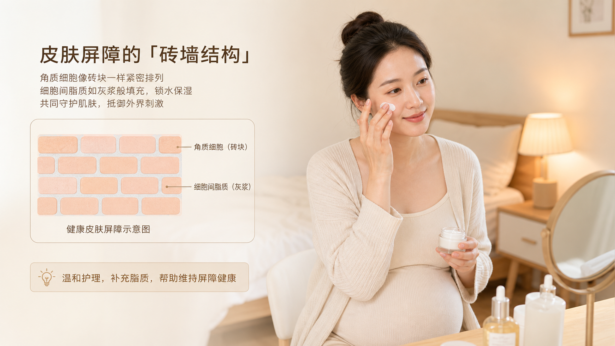 中国孕妇在温暖安静的卧室里，坐在梳妆台前轻轻涂抹面霜，旁边有一张简洁的“皮肤屏障砖墙结构”示意图（砖