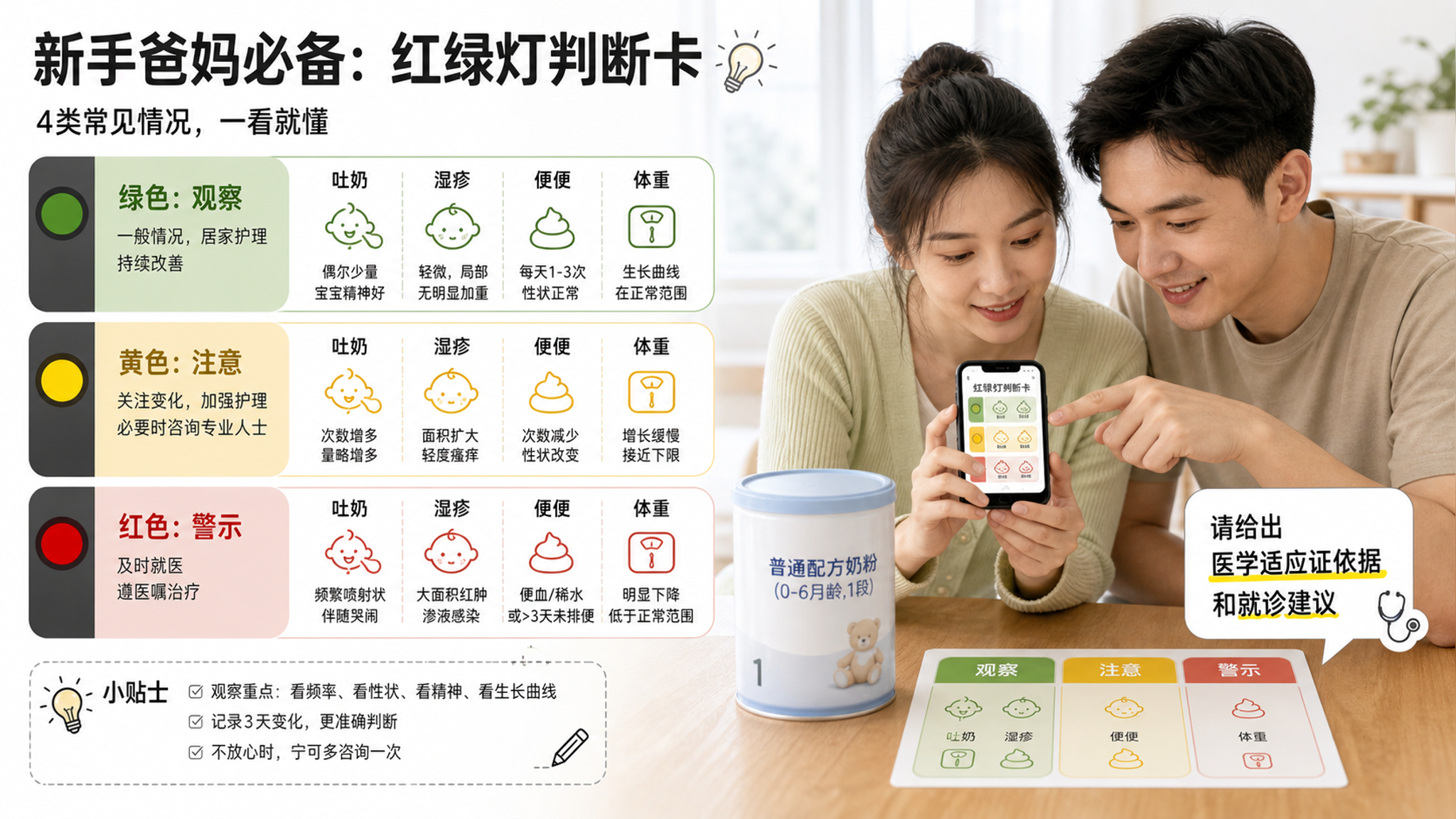 竖版海报构图，交通指示牌风格的信息图，在明亮整洁的家庭餐桌旁，中国年轻妈妈和中国年轻爸爸并肩看手机里