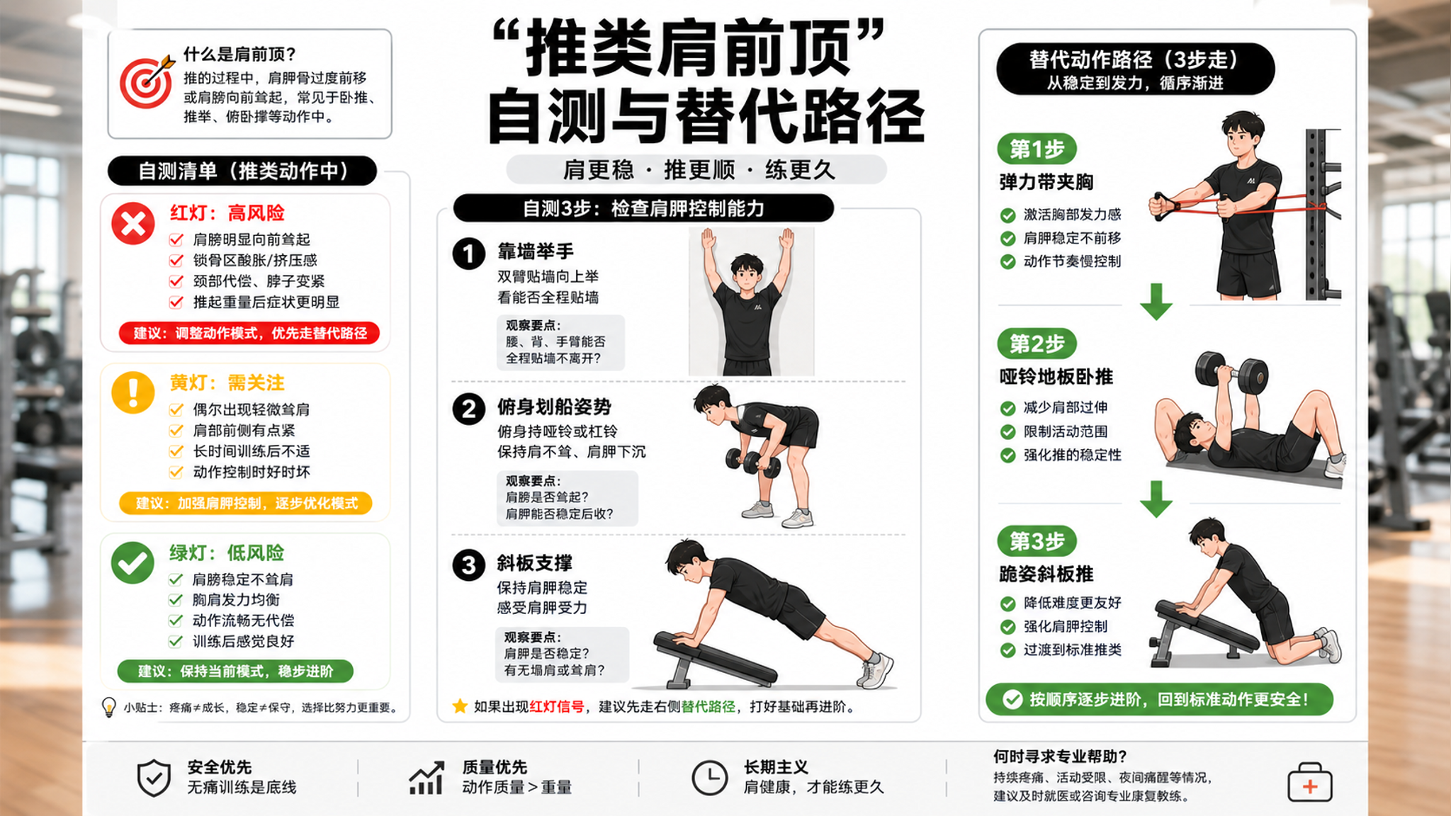 一推就肩前顶？3步自测+2周替代处方练胸不伤肩