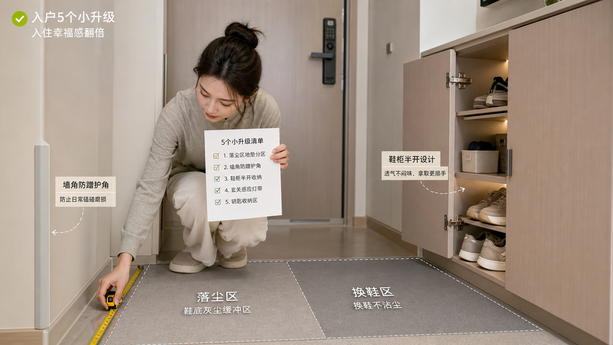 中国年轻女性在新装修入住后的公寓玄关处,手里拿着一张“5个小升级清单”的纸和卷尺,正在对玄关落尘区地
