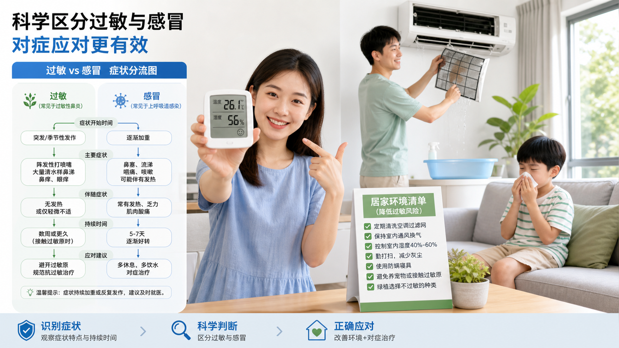 中国年轻父母在家中明亮客厅，妈妈拿着温湿度计对着镜头展示读数，爸爸在旁边清洗空调过滤网；前景桌面摆放