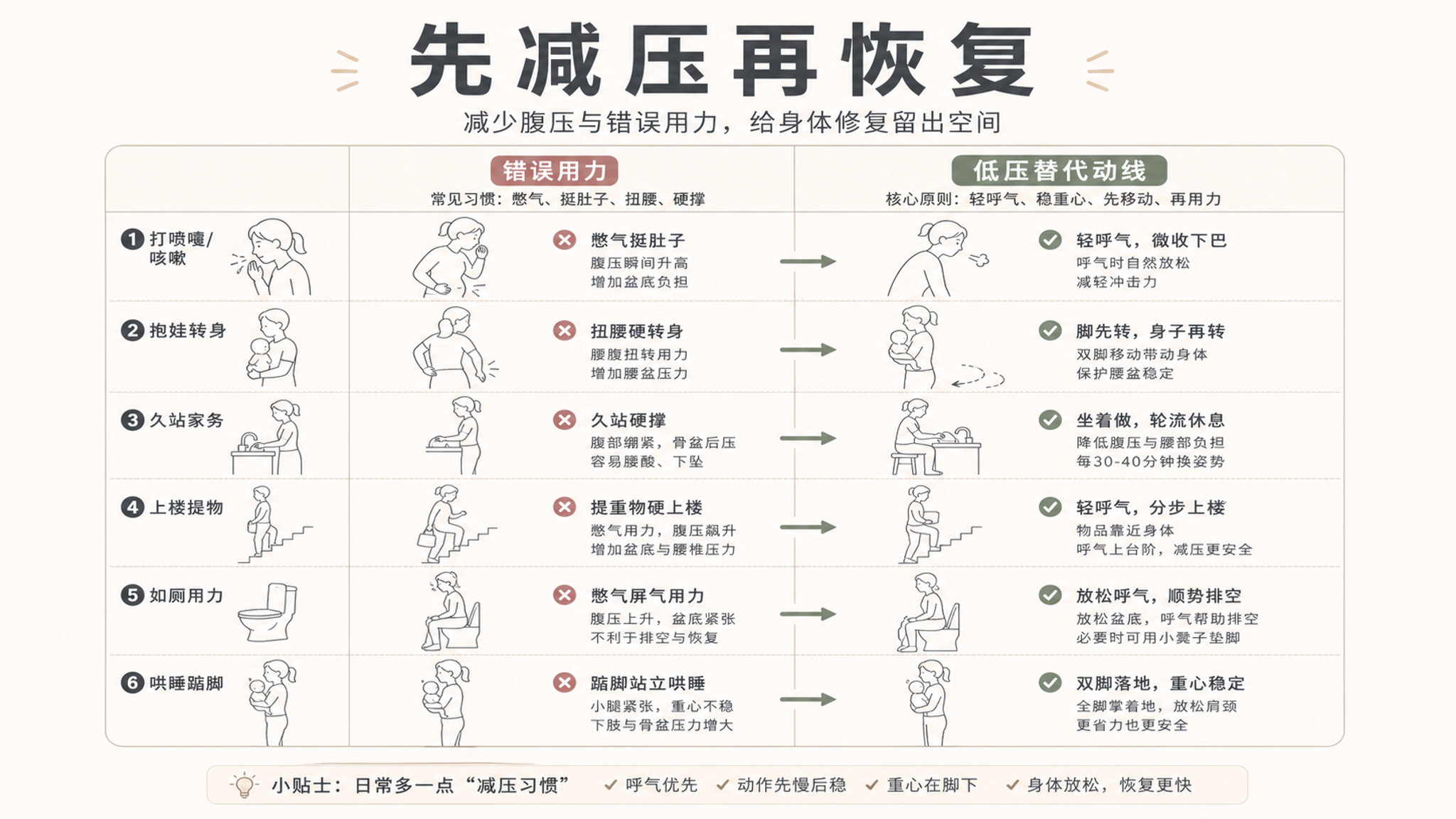 产后漏尿坠胀别硬扛：先停掉6个错误用力