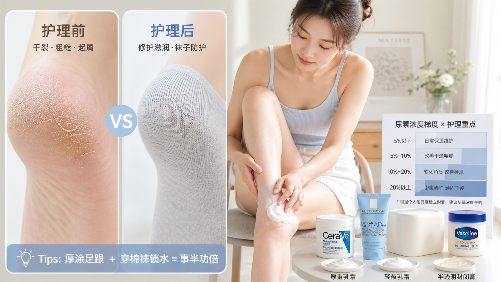 脚后跟干裂发白别乱磨：尿素浓度怎么选才不刺痛