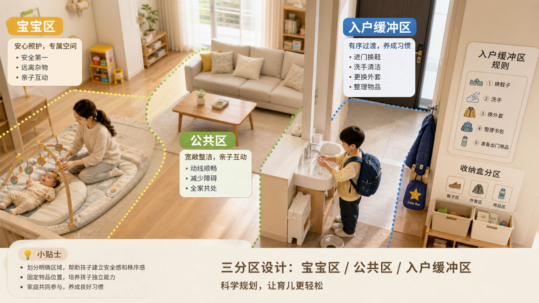 中国家庭室内场景，明亮整洁的公寓客厅与玄关连通空间；中国年轻父母在玄关设置“入户缓冲区”，一旁有清晰