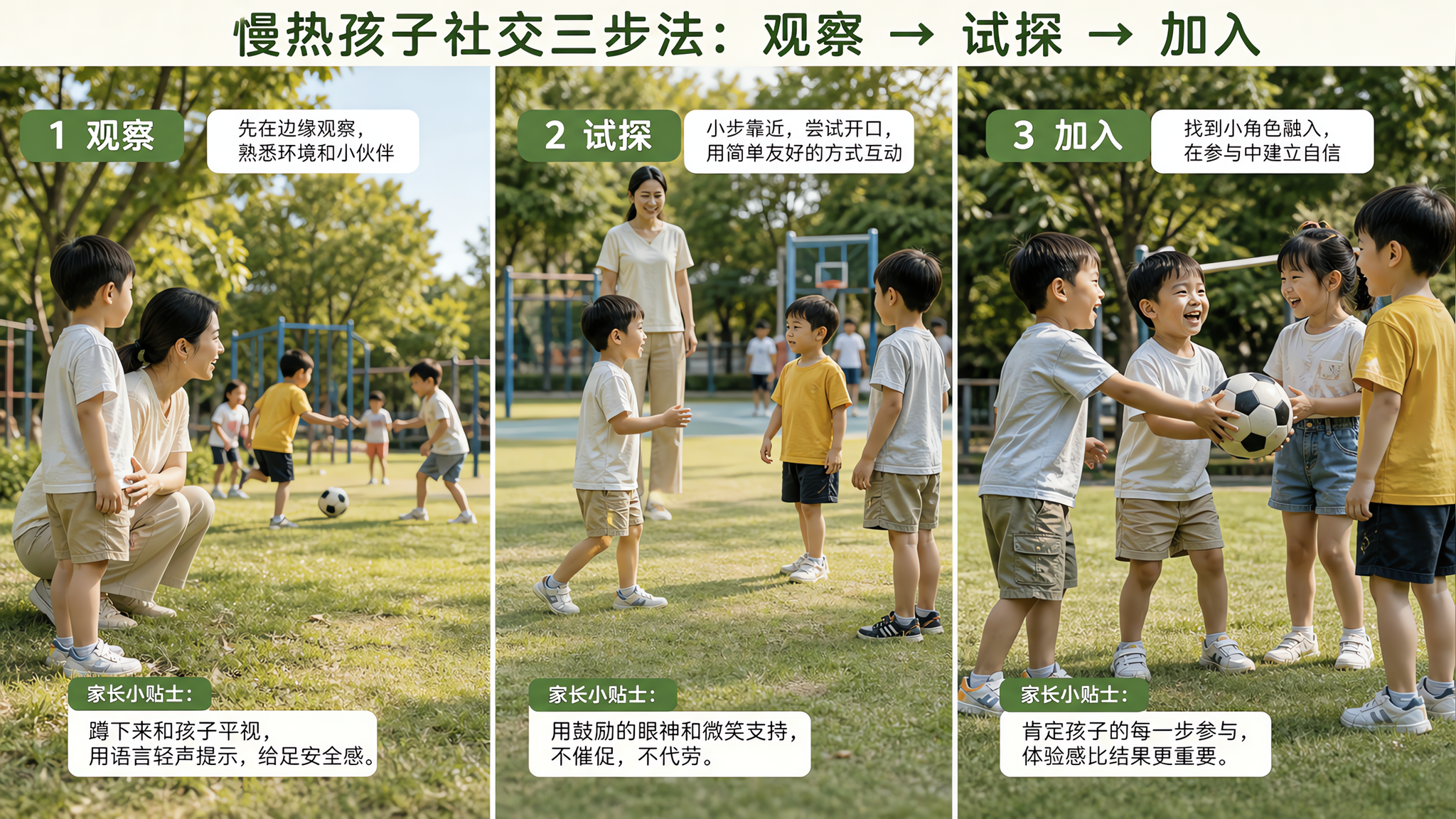 三宫格分镜构图，夏日户外公园或社区草坪场景，中国慢热幼儿（3-6岁）与中国年轻父母，第一格孩子站在边