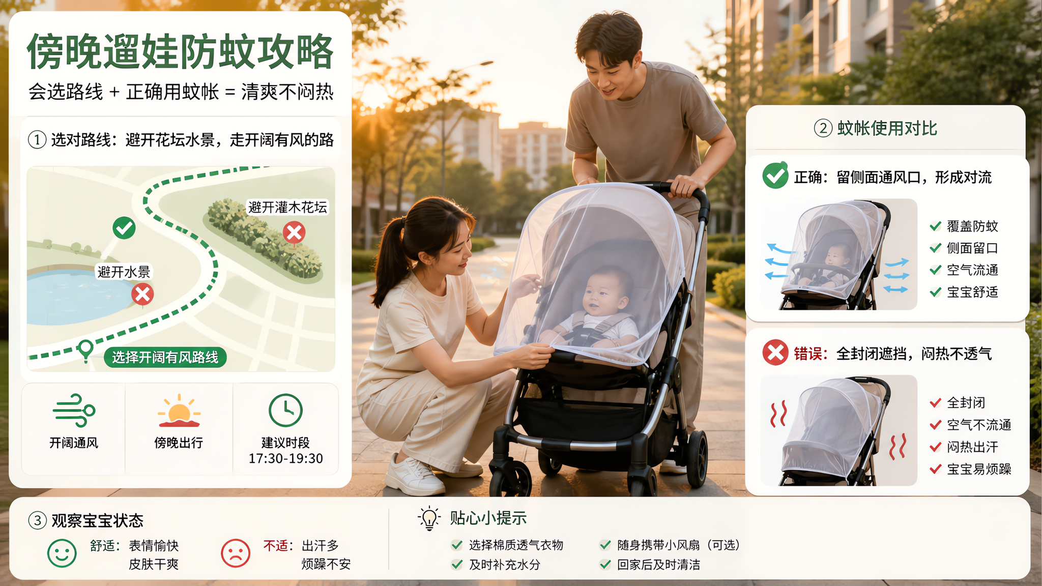 中国小区傍晚户外场景，中国年轻父母推着婴儿推车遛娃（7-12个月中国宝宝坐在推车内），画面以“户外攻