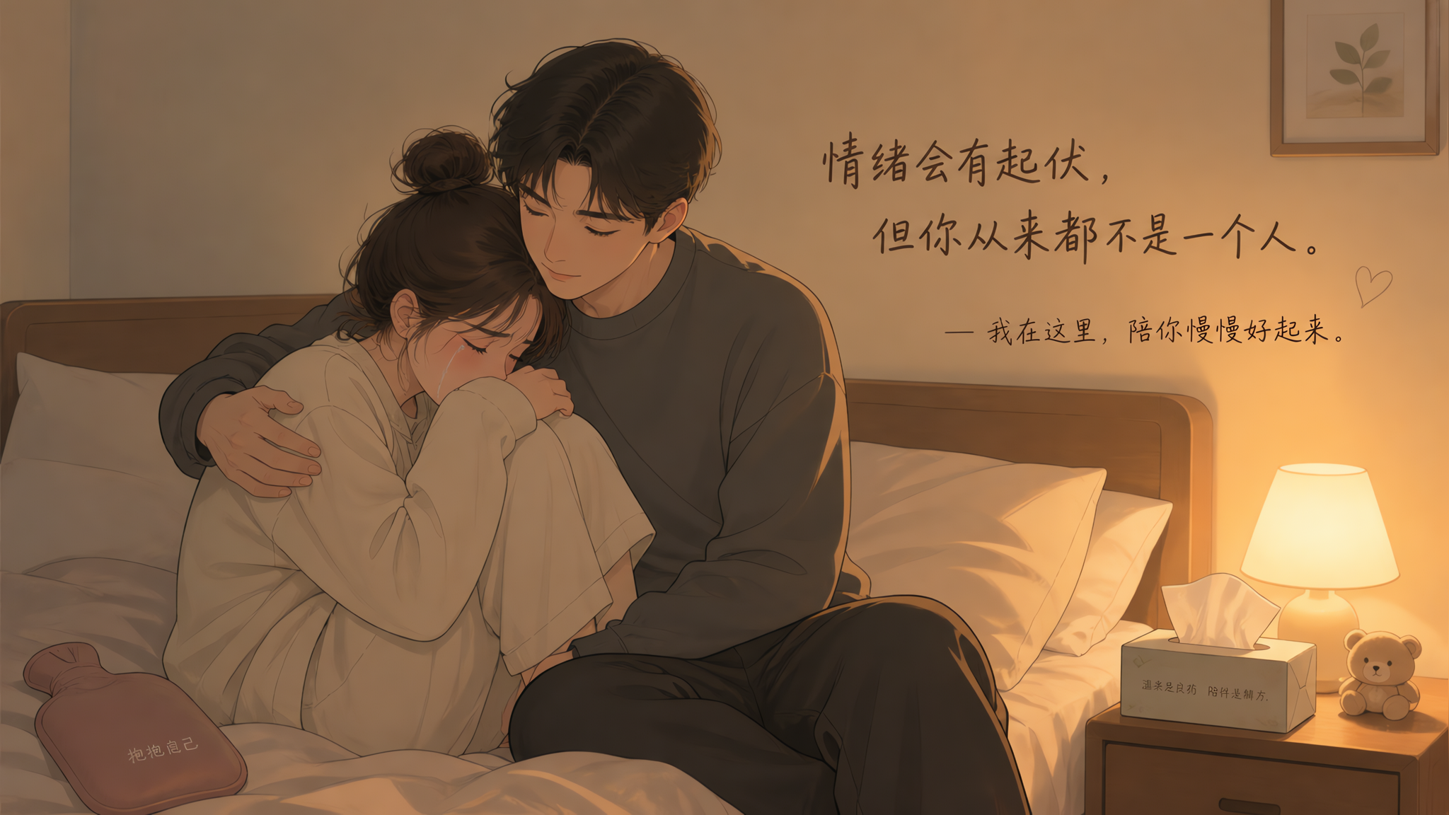 温暖治愈系插画风格,中国年轻夫妻在卧室夜晚场景中相互拥抱,女生穿着宽松睡衣坐在床边低头流泪,男生轻轻