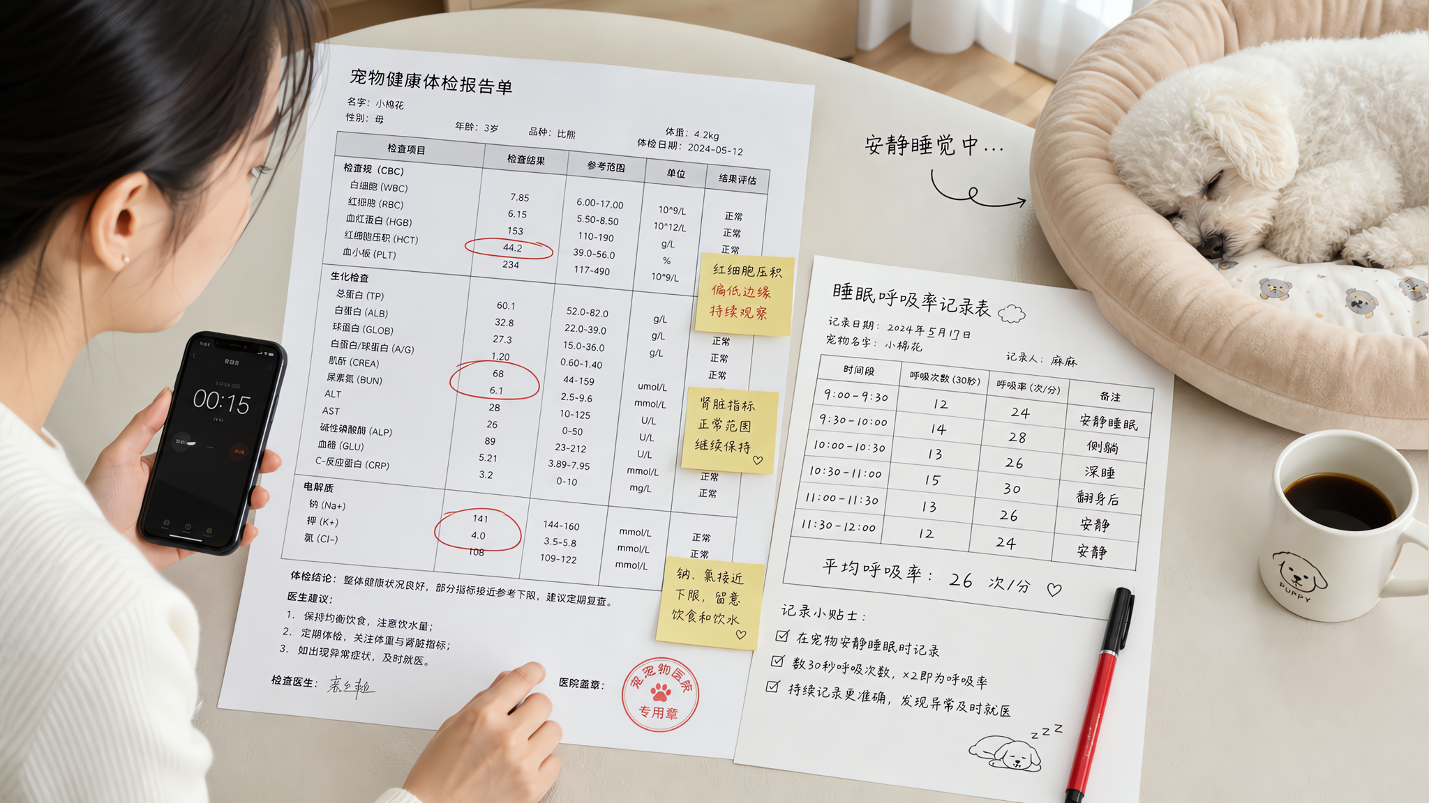 中国年轻女性宠物主人在家中明亮餐桌旁,桌上摊开一份宠物体检报告,报告上用红笔圈出关键指标并贴有便签,